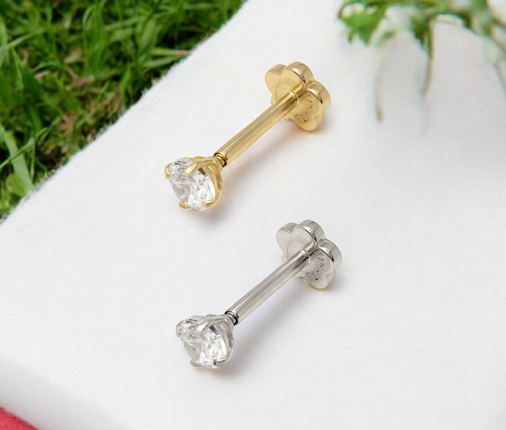 Solid 14k Gold 18G Cubic Zirconia Piercing Jewelry for Conch, Tragus, Helix - Labret Cartilage Earring - Internally Threaded Flat Back Stud