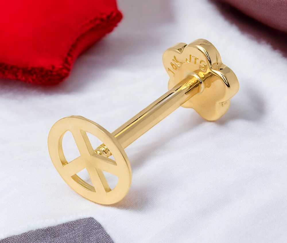14k Yellow Gold 18G Peace Sign Labret Tragus Ear Lip Ring Cartilage Piercing - 5mm