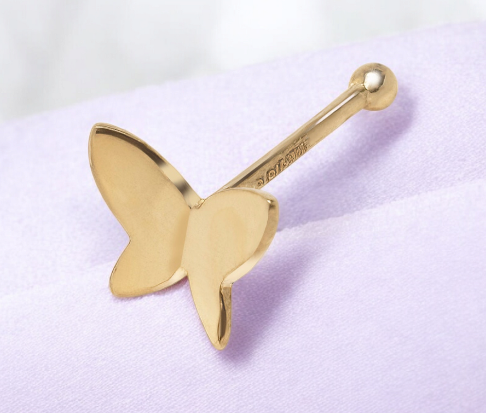 14k Yellow Gold 20G Polished Fluttering Butterfly Nose Stud Piercing