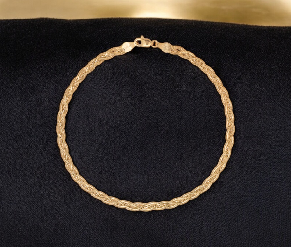 14k Yellow or White Gold Braided Foxtail Anklet - 10"