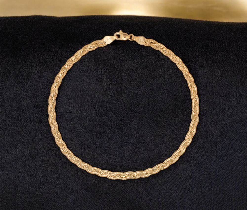 14k Gold Braided Foxtail Anklet - 10"