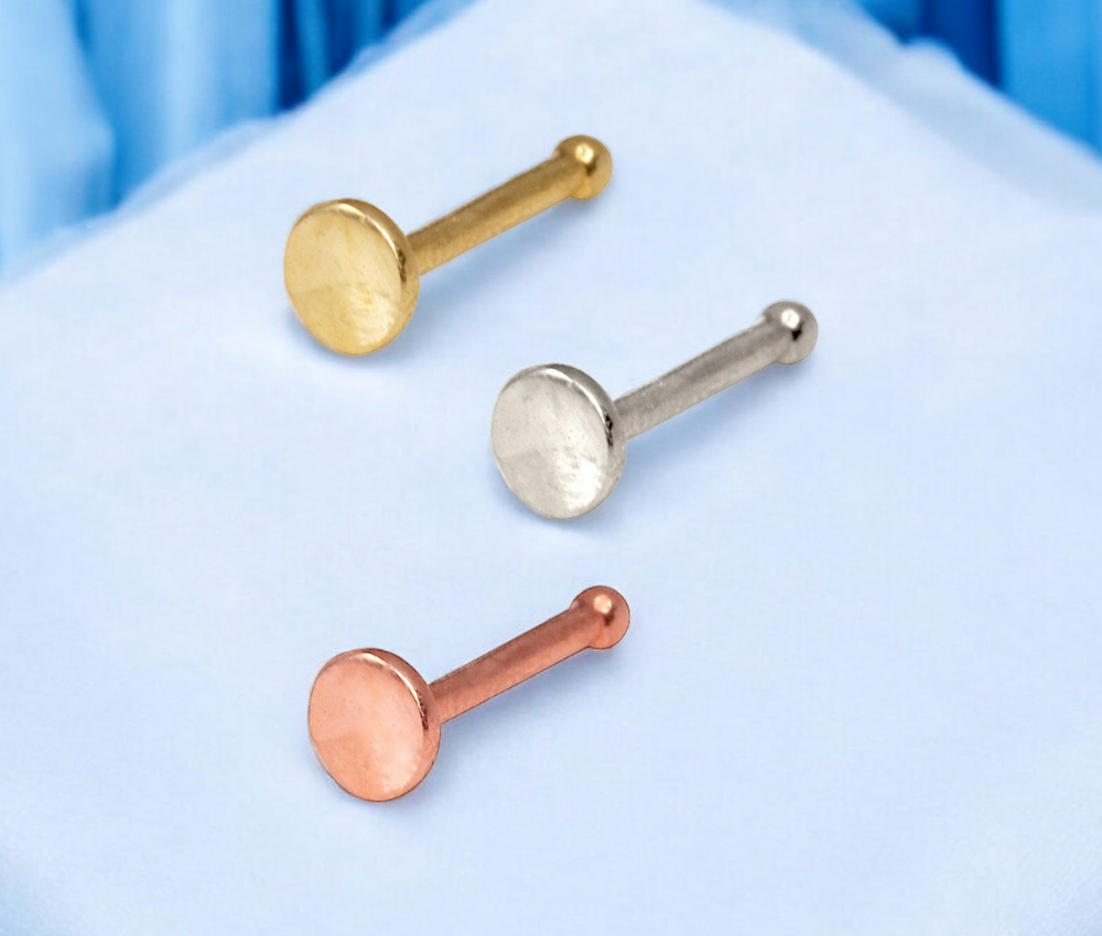 14k Yellow, White or Rose Gold 20G 2mm Flat Circle Nose Stud