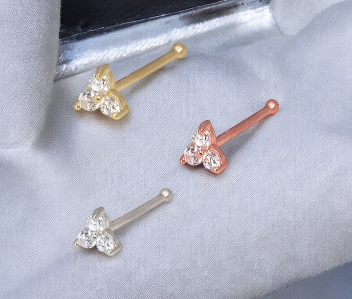 14k Yellow, White or Rose Gold 20G 3 Stone Nose Stud