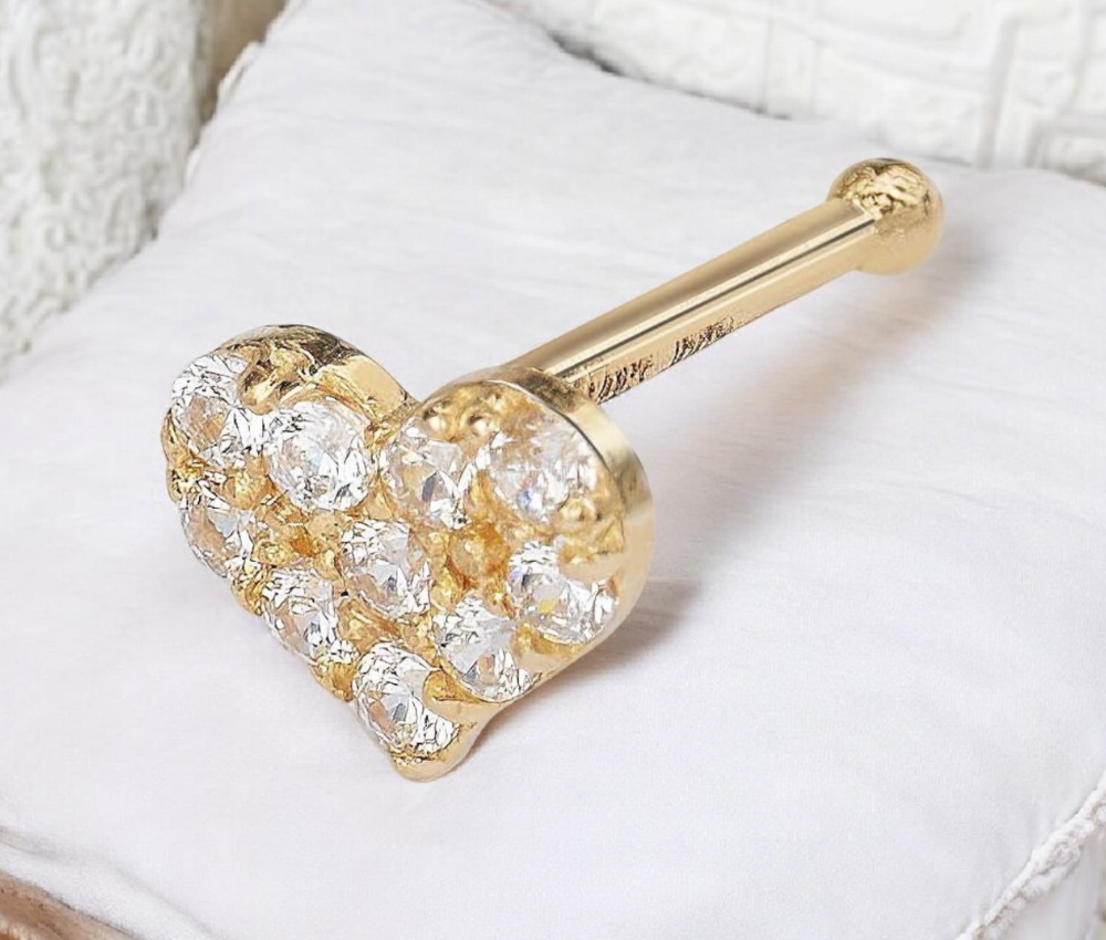 14k Real Yellow Gold 20G Cubic Zirconia Heart Nose Stud Ring - 5mm