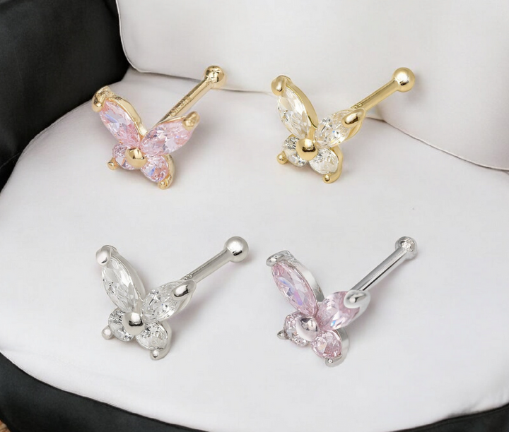 14k Yellow or White Gold 20G 6mm Butterfly Clear or Pink CZ Nose Stud