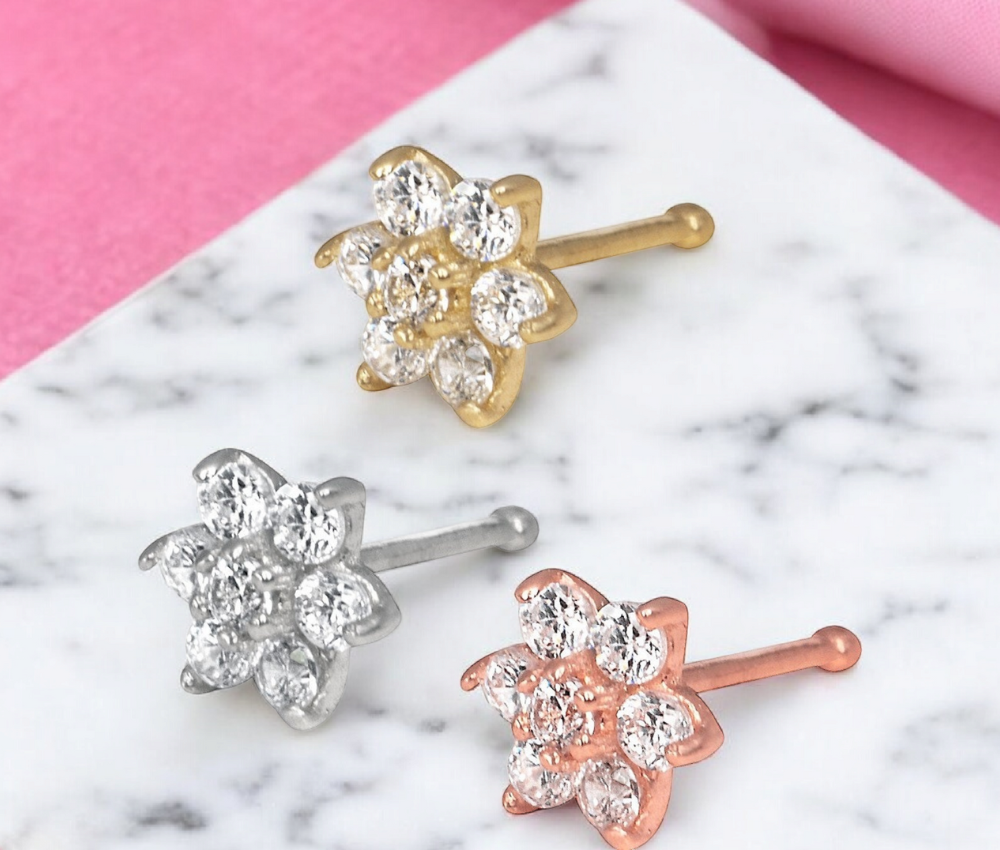 14k Yellow, White, or Rose Gold 20G 4mm CZ Flower Nose Stud