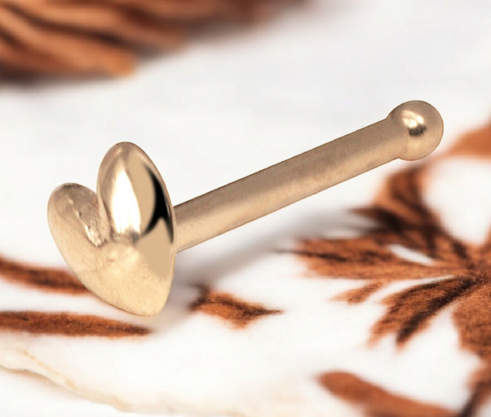 14k Gold 20G Polished Domed Heart Nose Stud