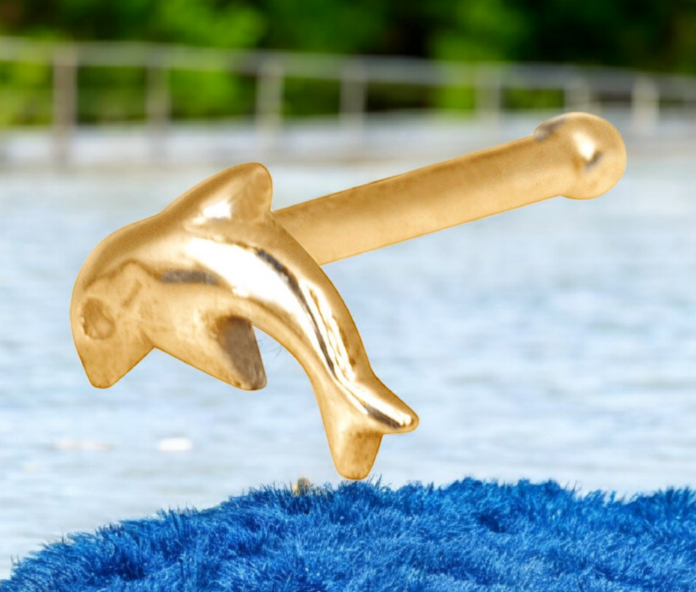 14k Gold 20G Jumping Dolphin Nose Stud