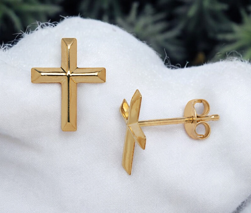 14K Yellow Gold Cross Earrings - Beveled Faith Stud Earrings -  Cross Earrings for Men and Women - Religious Gifts for Woman - Gold Earrings