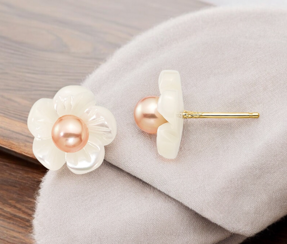 14k Gold 3-4mm Pink Cultured Pearl With 10mm Simulated Mother of Pearl Flower Post Earrings
