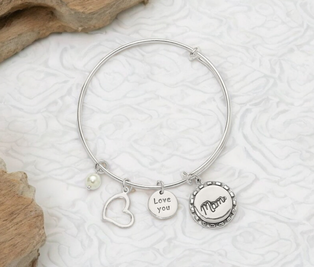 Solid 925 Sterling Silver I Love Mom Expandable Bangle Bracelet - Pearl Heart Charm Bracelet for Mom - Gift for Mom - Adjustable Bangle