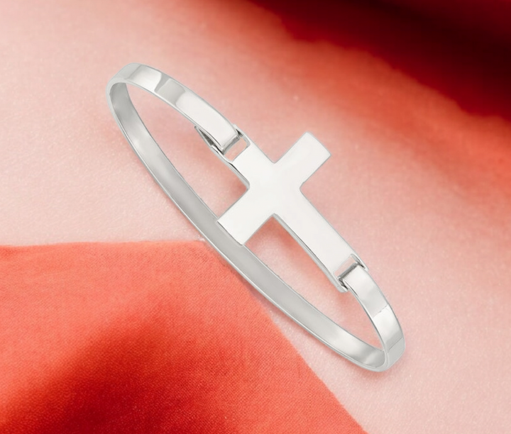 925 Sterling Silver Polished Sideways Cross Stackable Bangle Bracelet