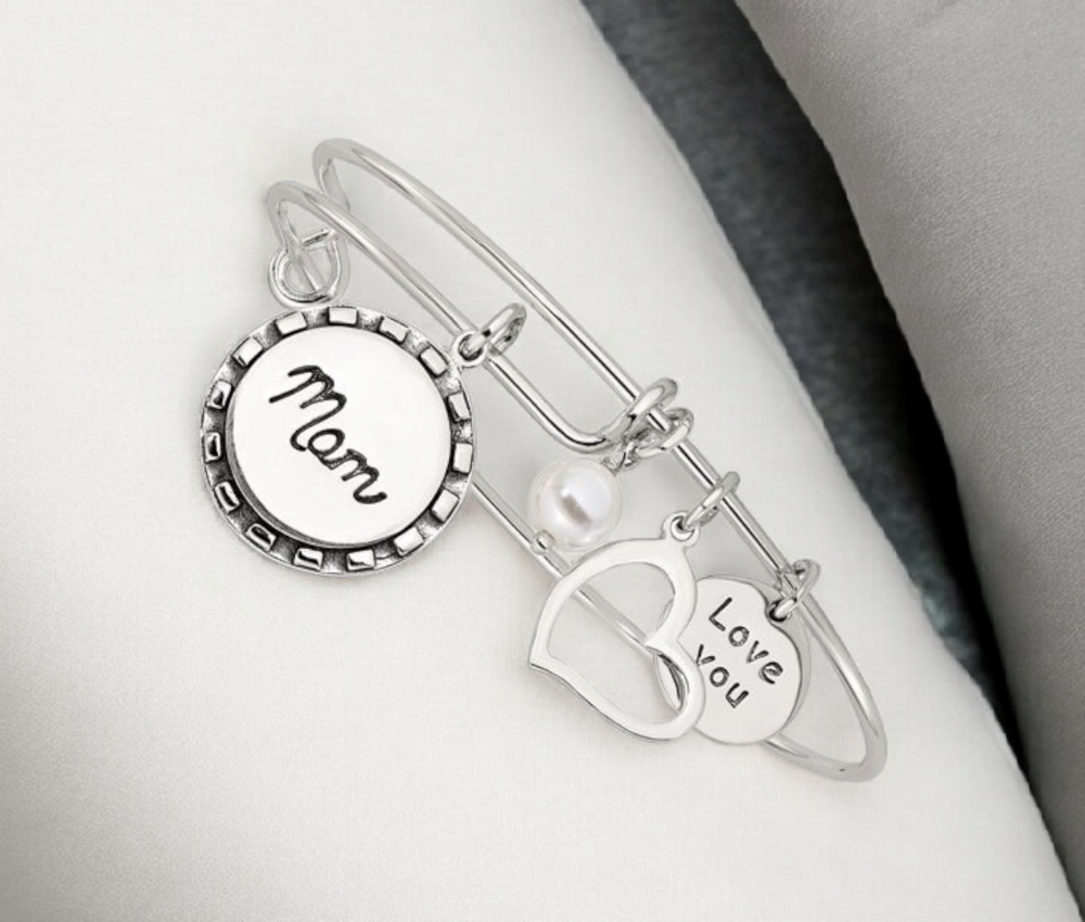 Sterling Silver Antiqued Pearl Love You Mom Charm Adjustable Bangle Bracelet - Mother's Day Gift - Mom Charm Bracelet - Vintage Bangle