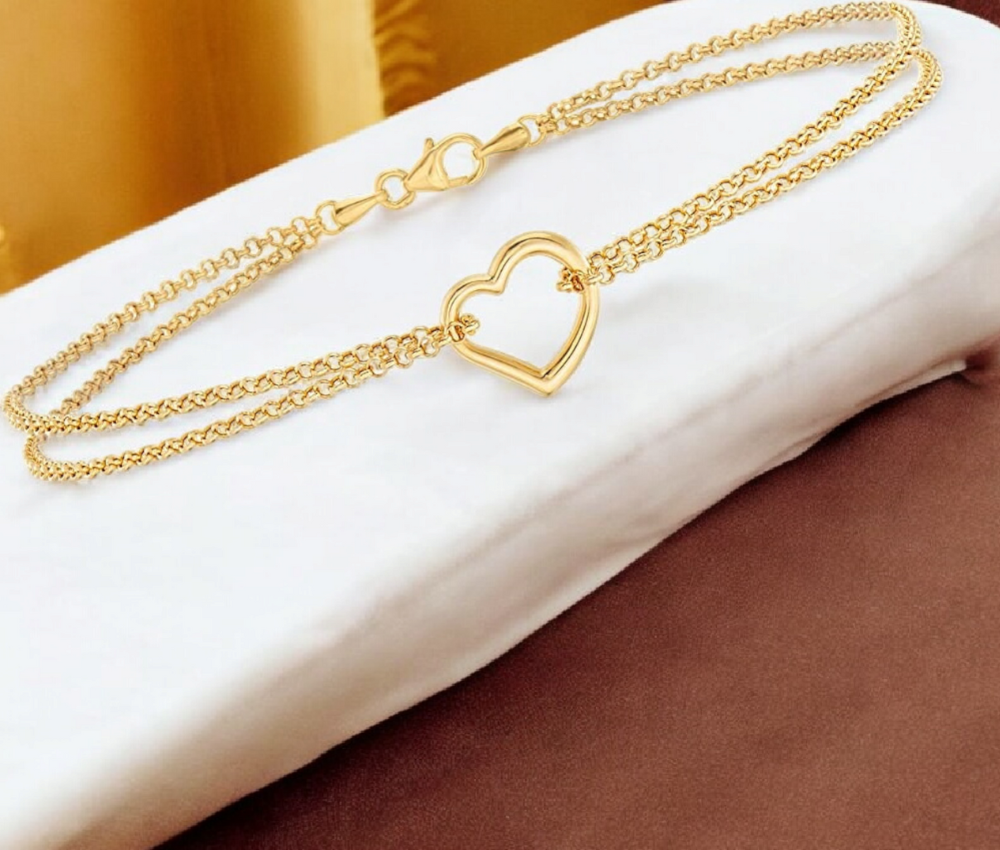 10K Yellow Gold Double Strand Heart Anklet - 10"