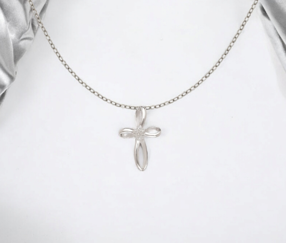 Sterling Silver 18" Rhodium Plated 0.01ct Diamond Infinity Ribbon Cross Necklace