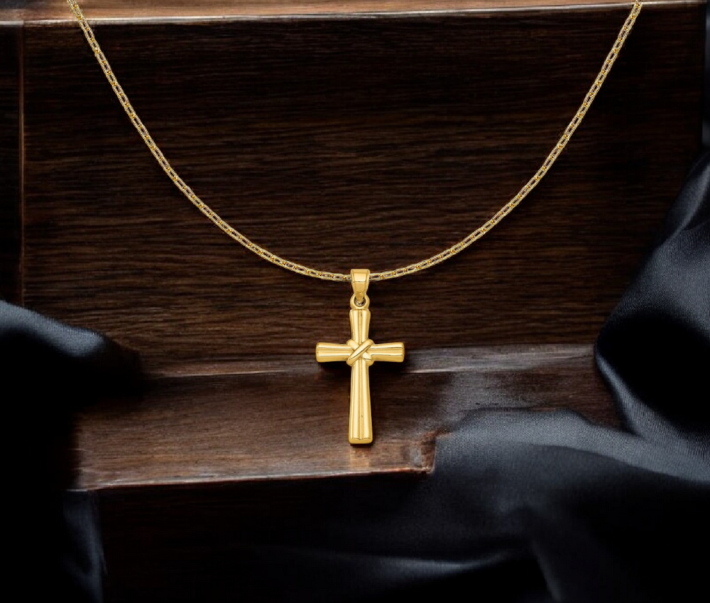 14k Yellow or White Gold Ribbed X-Motif Cross Pendant Necklace