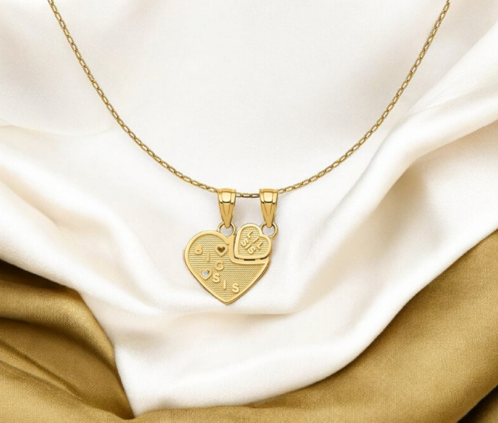 Solid 10K BIG SIS, Lil SIS Break-Apart Heart Charm Pendant Necklace