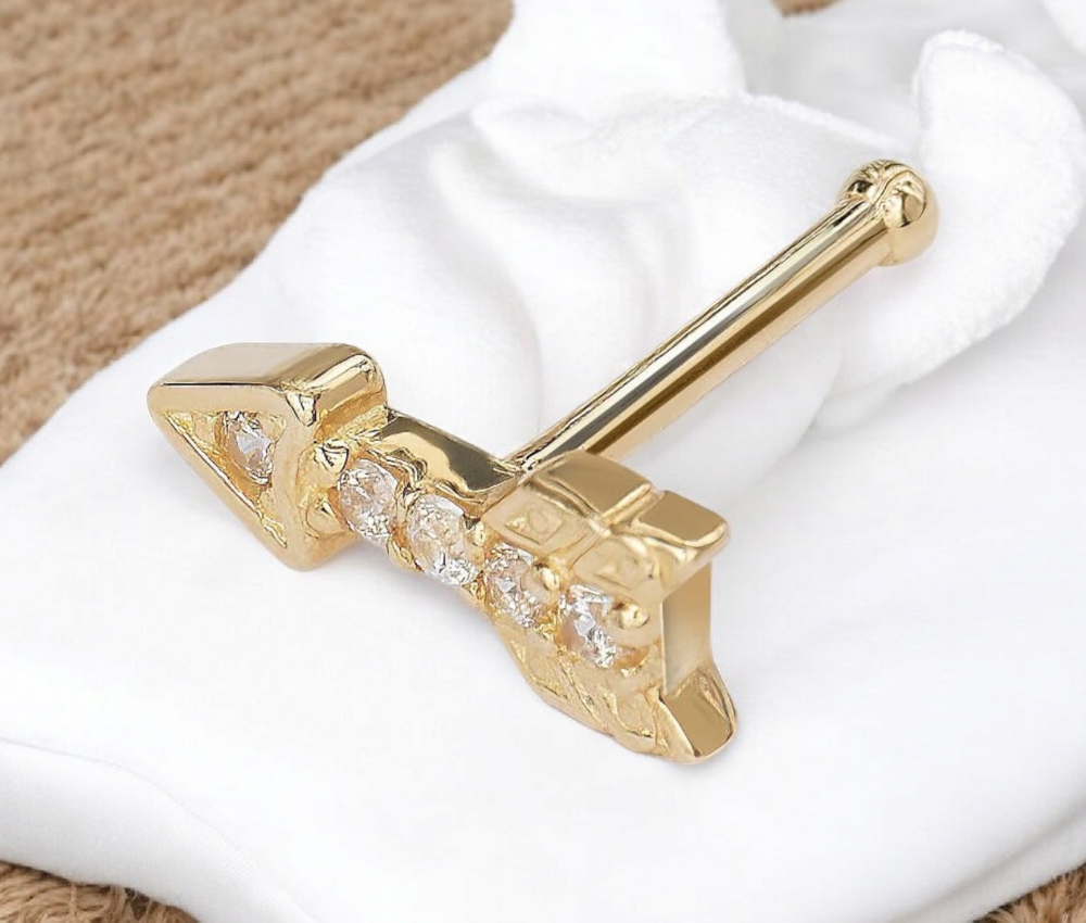 '- 14k Real Yellow Gold 20G Cubic Zirconia Arrow Nose Stud Ring - 3x7mm