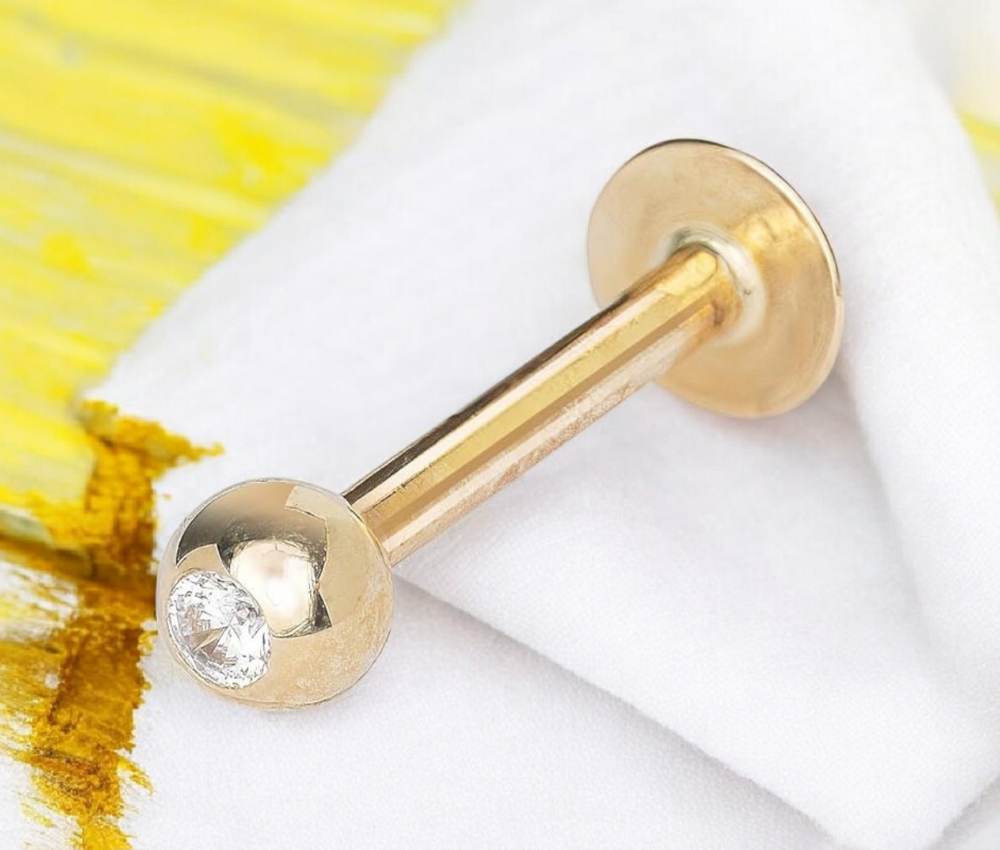 14k Yellow or White Gold 16G Cubic Zirconia Ball Labret Tragus Ear Lip Ring Piercing