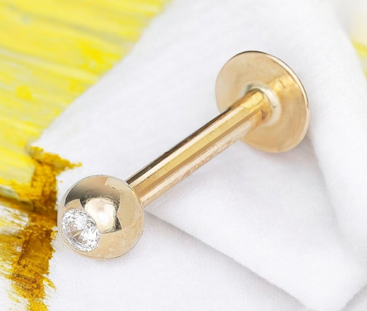 - Solid 14k Yellow or White Gold 16G 3mm Cubic Zirconia Ball Labret Tragus Ear Lip Ring Stud - Internally Threaded Piercing